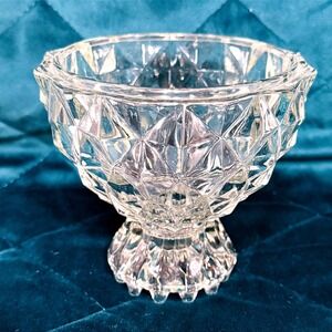 Vintage Diamond Cut Glass Pedestal Compote Cottagecore Candy Bowl Trinket Holder